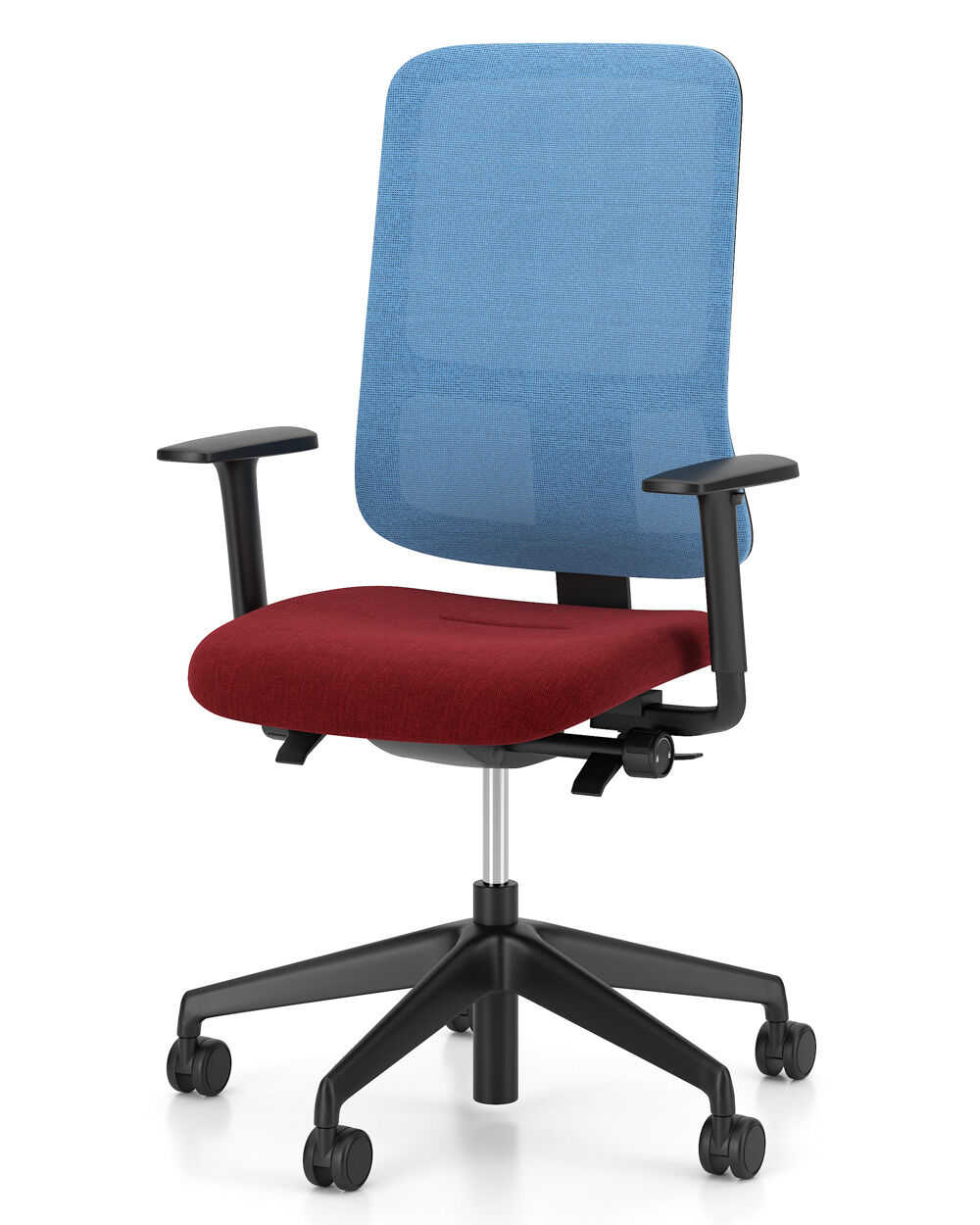 Ergonomischer Bürostuhl mit blauem Rückenlehne und rotem Sitz, verstellbare Armlehnen und rollbarem Gestell.