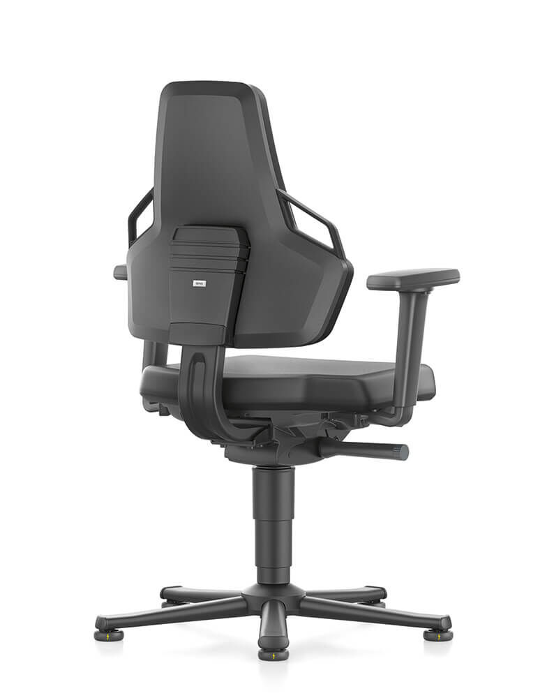 Ergonomischer Bürostuhl mit verstellbaren Armlehnen und Rückenlehne, schwarz, Rückansicht. Perfekt für dynamisches Sitzen.