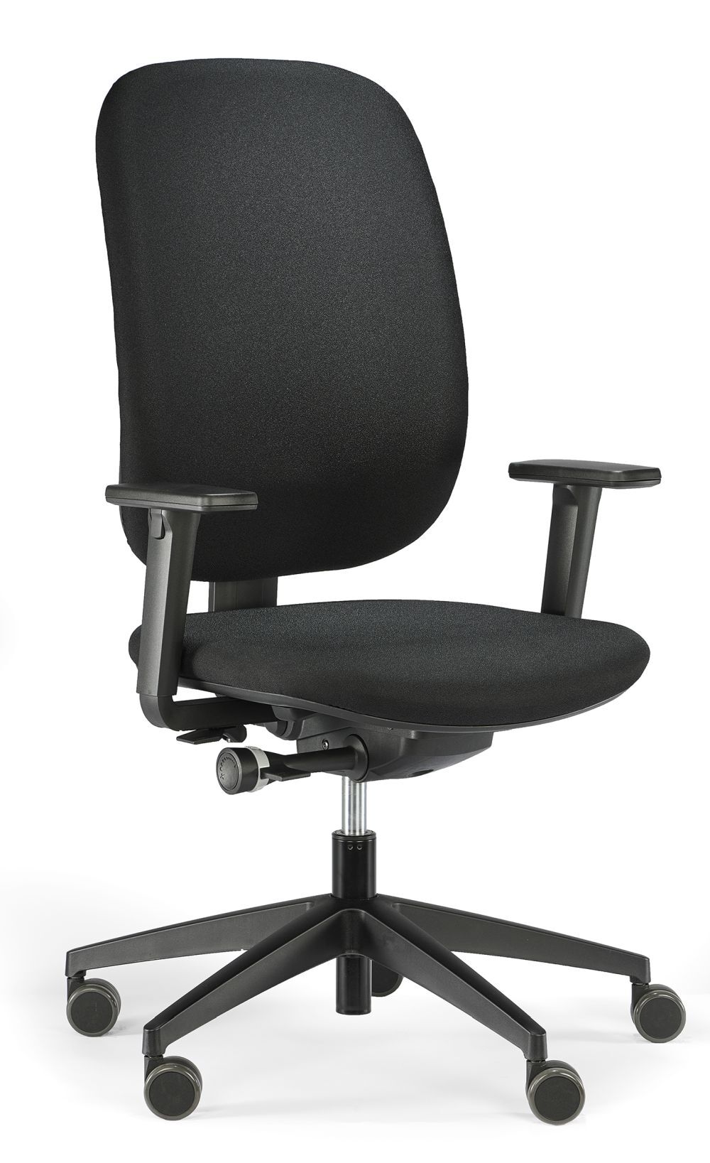 Schwarzer ergonomischer Bürostuhl mit verstellbaren Armlehnen und fünf Rollen für dynamisches Sitzen.