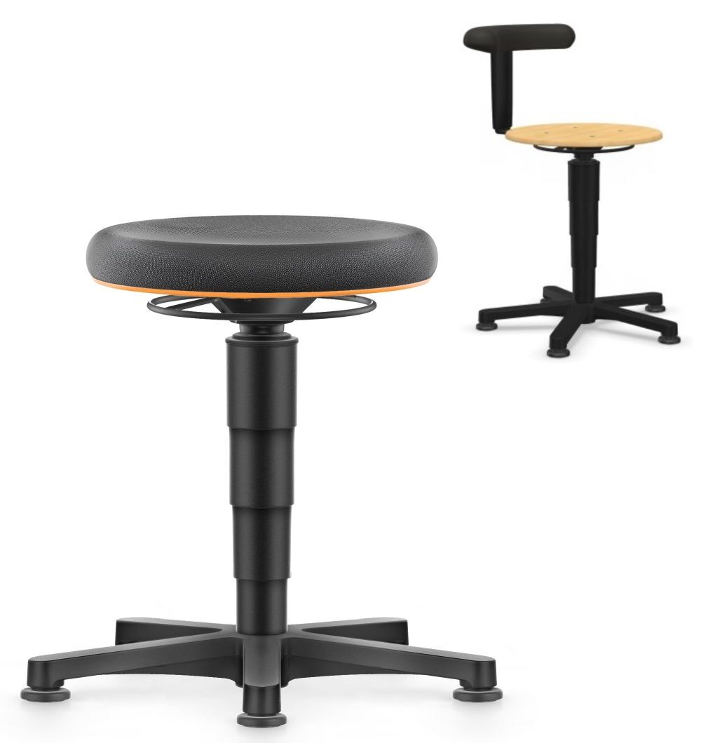 Zwei höhenverstellbare Hocker mit ergonomischem Design, schwarzem Polster und stabiler Basis für dynamisches Sitzen.