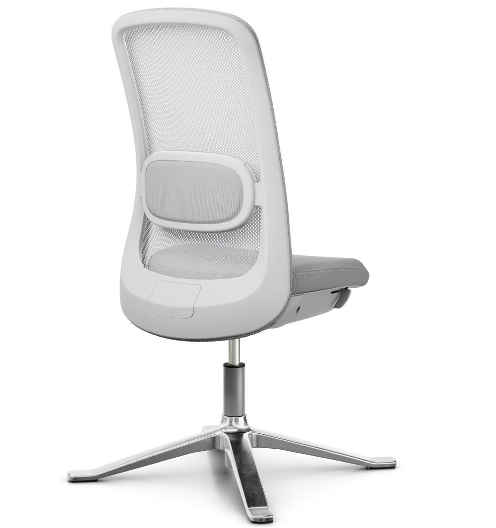 Moderner ergonomischer Bürostuhl mit Netzrückenlehne und verstellbarem Lendenstütze, auf stabilem Metallfuß.