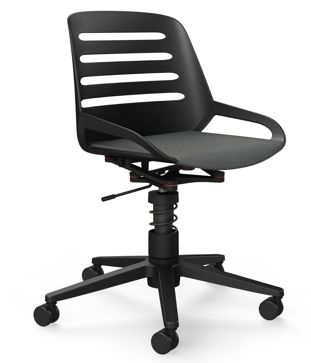 Moderner ergonomischer Bürostuhl mit schwarzem Netzrücken, gepolstertem Sitz und verstellbarem Hebel auf Rollen.