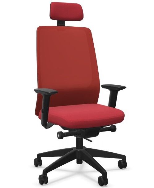 Roter ergonomischer Bürostuhl mit Kopfstütze und verstellbaren Armlehnen, fördert dynamisches Sitzen im Büro.