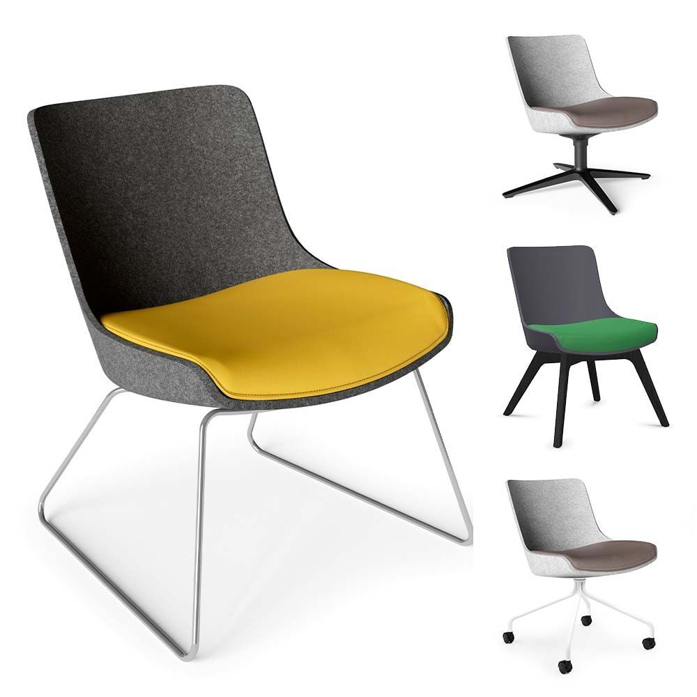 Vier ergonomische Stühle mit verschiedenen Farben und Gestelltypen, der größte mit gelbem Sitzpolster.