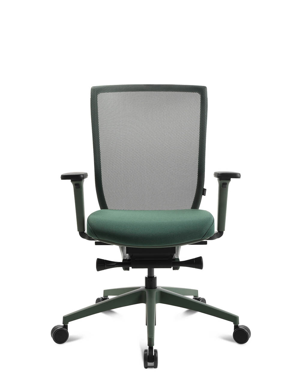 Ergonomischer Bürostuhl mit grünem Netzrücken und verstellbaren Armlehnen, ideal für dynamisches Sitzen im Büro.