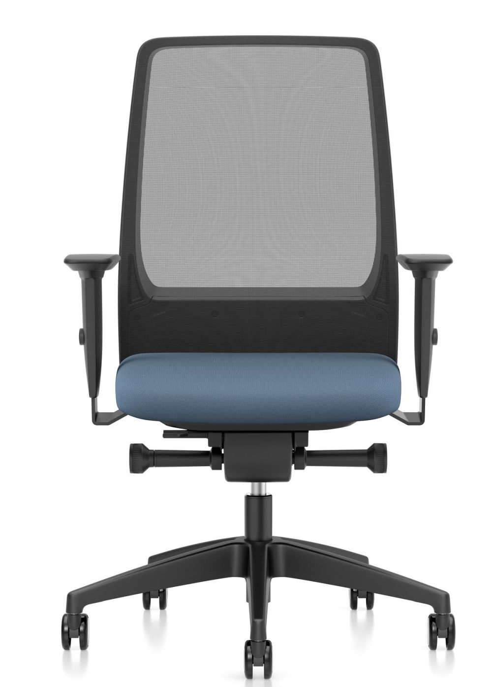 Ergonomischer Bürostuhl mit Netzrückenlehne und blauer Sitzfläche, ideal für gesundes, dynamisches Sitzen.