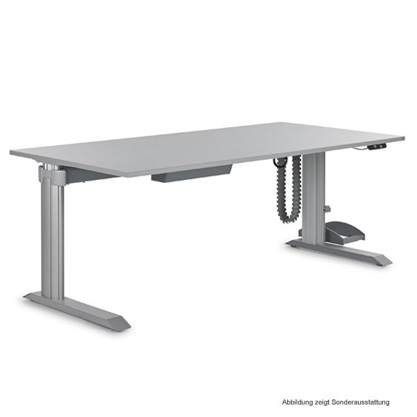 Moderner höhenverstellbarer Schreibtisch in Grau mit Kabelmanagement, ideal für ergonomisches Arbeiten im Büro.