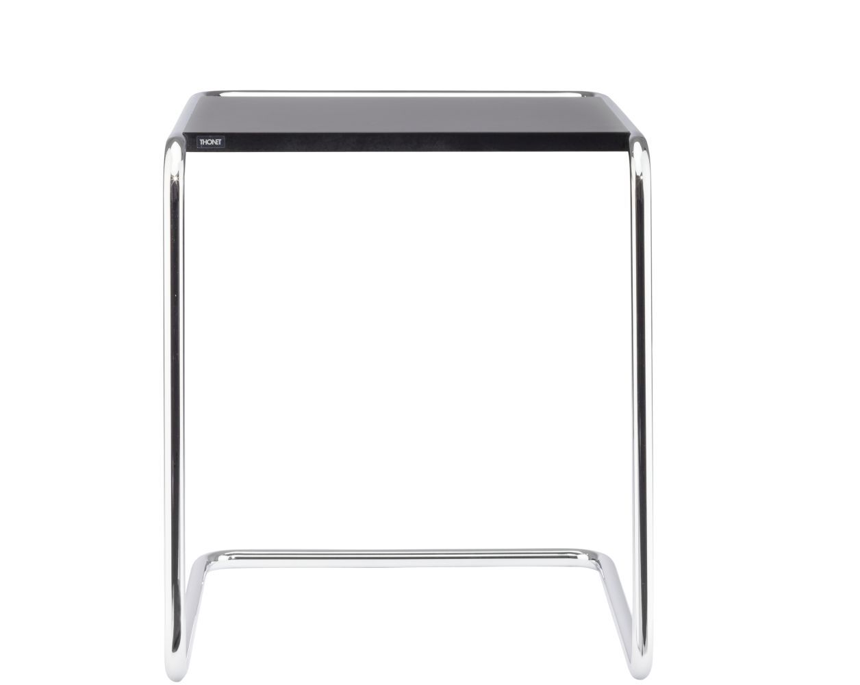 Moderner Beistelltisch mit schwarzer Tischplatte und verchromtem Gestell, ideal für Büro oder Wohnzimmer.