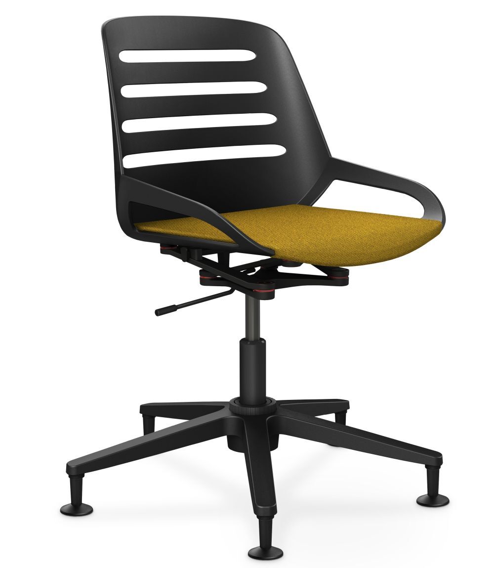 Moderner ergonomischer Bürostuhl mit schwarzer Rückenlehne und gelber Sitzfläche auf drehbarem Gestell.