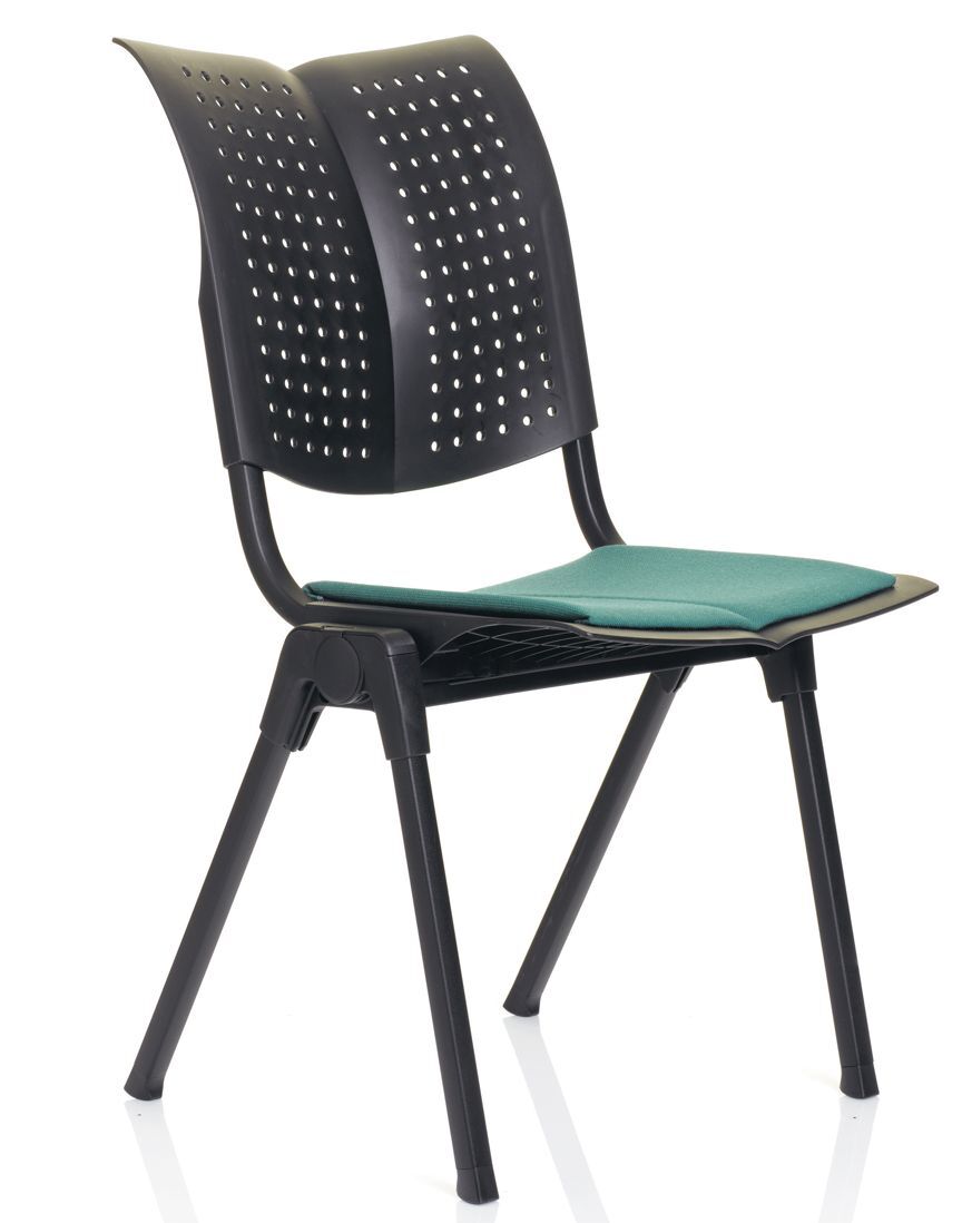 Ergonomischer Stuhl mit schwarzer Rückenlehne, perforiertem Design und grüner Sitzpolsterung, ideal fürs Büro.