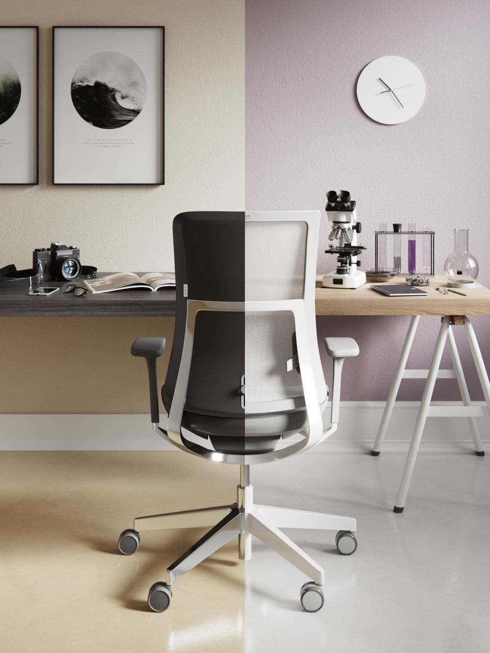 Ergonomischer Bürostuhl vor halbmodernem Arbeitsbereich, eine Seite minimalistisch, die andere mit Laborutensilien dekoriert.