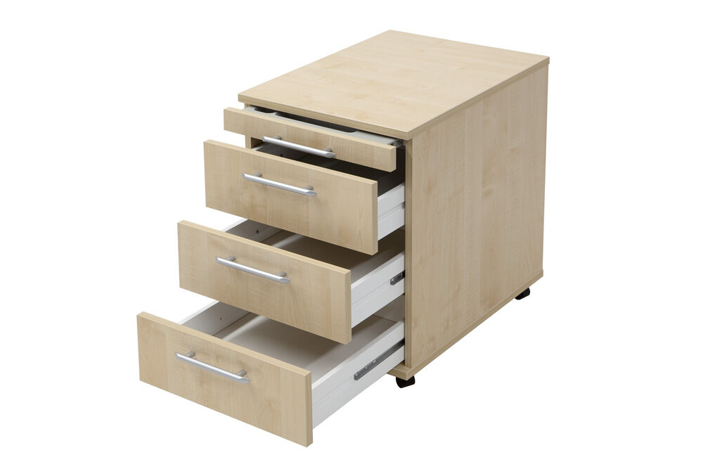 Heller Holzbüroschrank mit vier offenen Schubladen, modernes Design für Bürozubehör-Aufbewahrung.