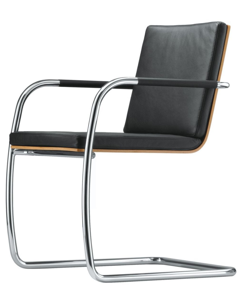 Moderner Freischwinger-Bürostuhl mit schwarzem Lederpolster und Chromgestell, ideal für ergonomisches Sitzen.