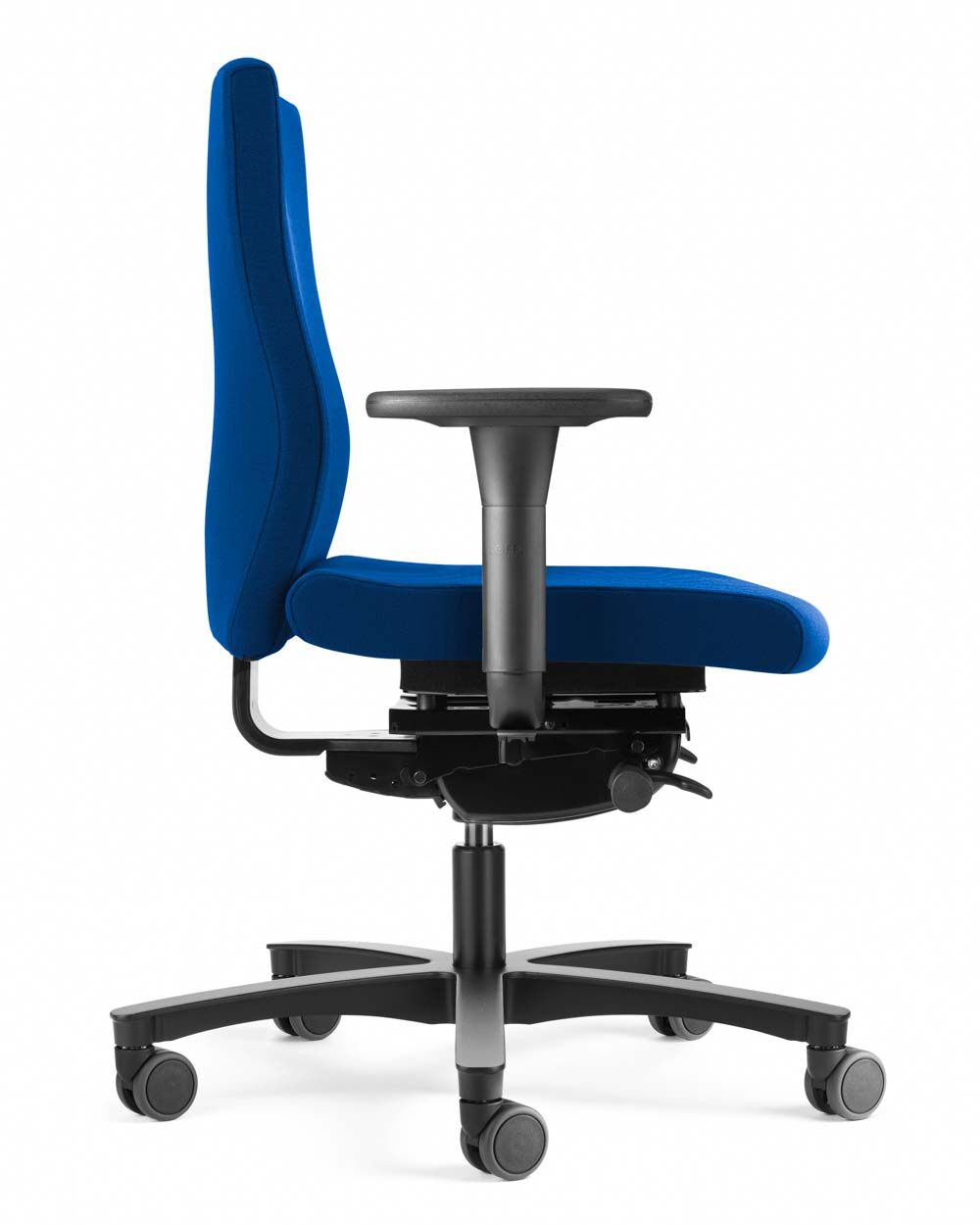 Ergonomischer Bürostuhl in Blau mit verstellbarer Rückenlehne, Armlehnen und Rollen für dynamisches Sitzen.
