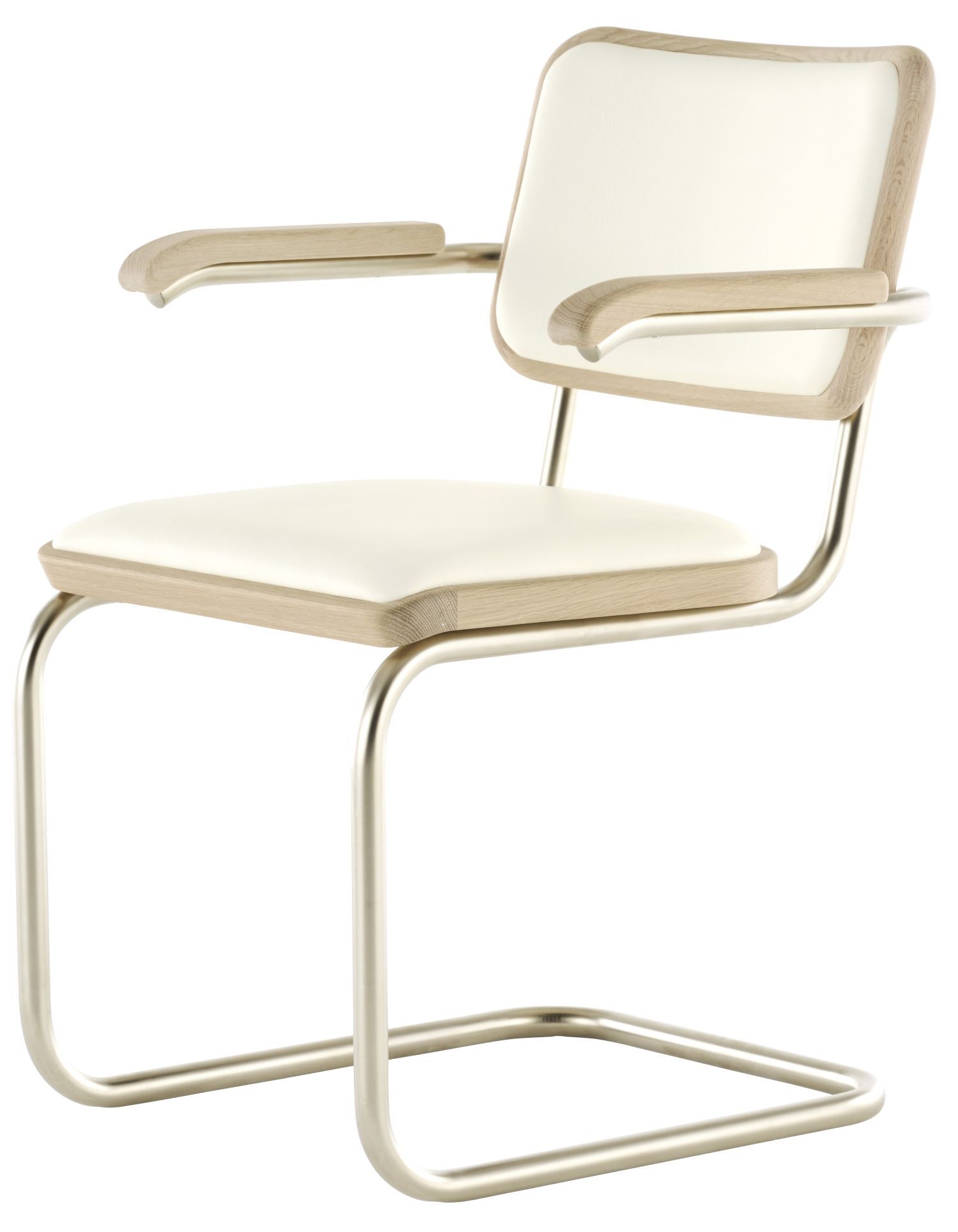 Ergonomischer Freischwinger-Bürostuhl in Cremefarbe mit verchromtem Gestell und Holzarmlehnen, geeignet für dynamisches Sitzen.