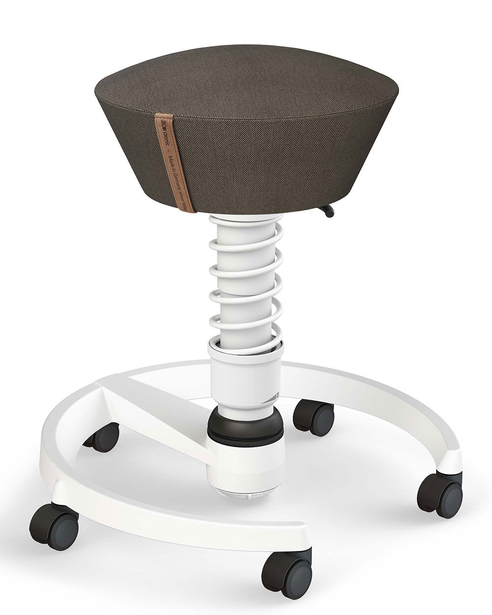 Ergonomischer Hocker mit Federmechanismus und Rollen, ideal für dynamisches Sitzen im Büro oder Homeoffice.