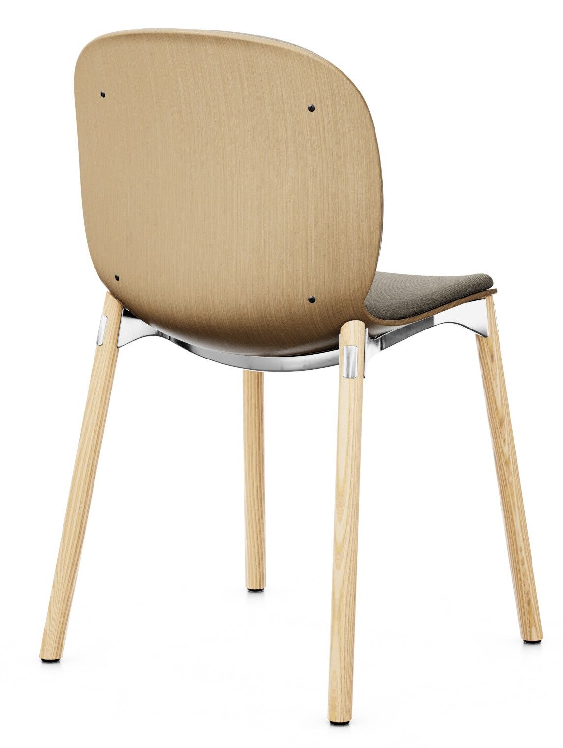 Rückansicht eines hochwertigen ergonomischen Holzstuhls mit gepolsterter Sitzfläche und eleganten Metallakzenten.