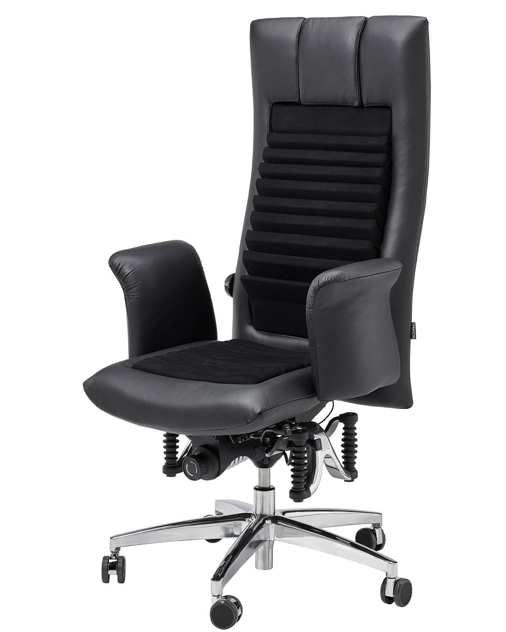 Ergonomischer Bürostuhl mit hoher Rückenlehne, gepolsterten Armlehnen und verstellbarem Sitzmechanismus auf Rollen.