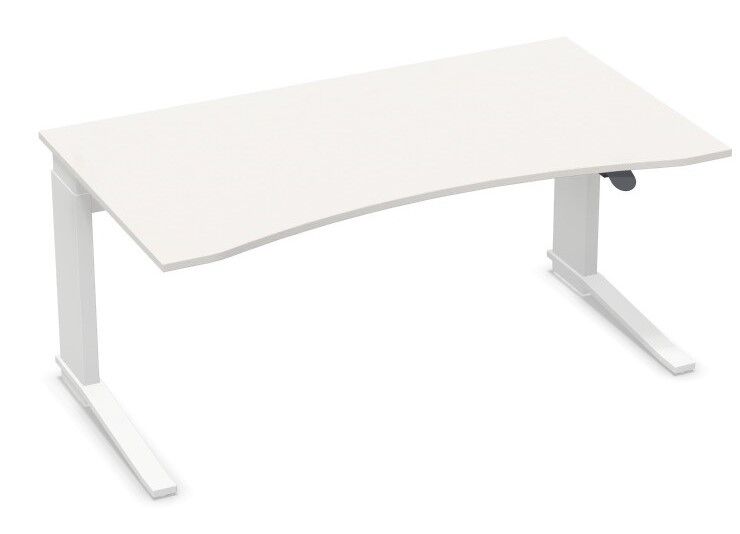 Moderner ergonomischer Schreibtisch mit weißer, geschwungener Tischplatte und verstellbarem Gestell für optimalen Komfort.