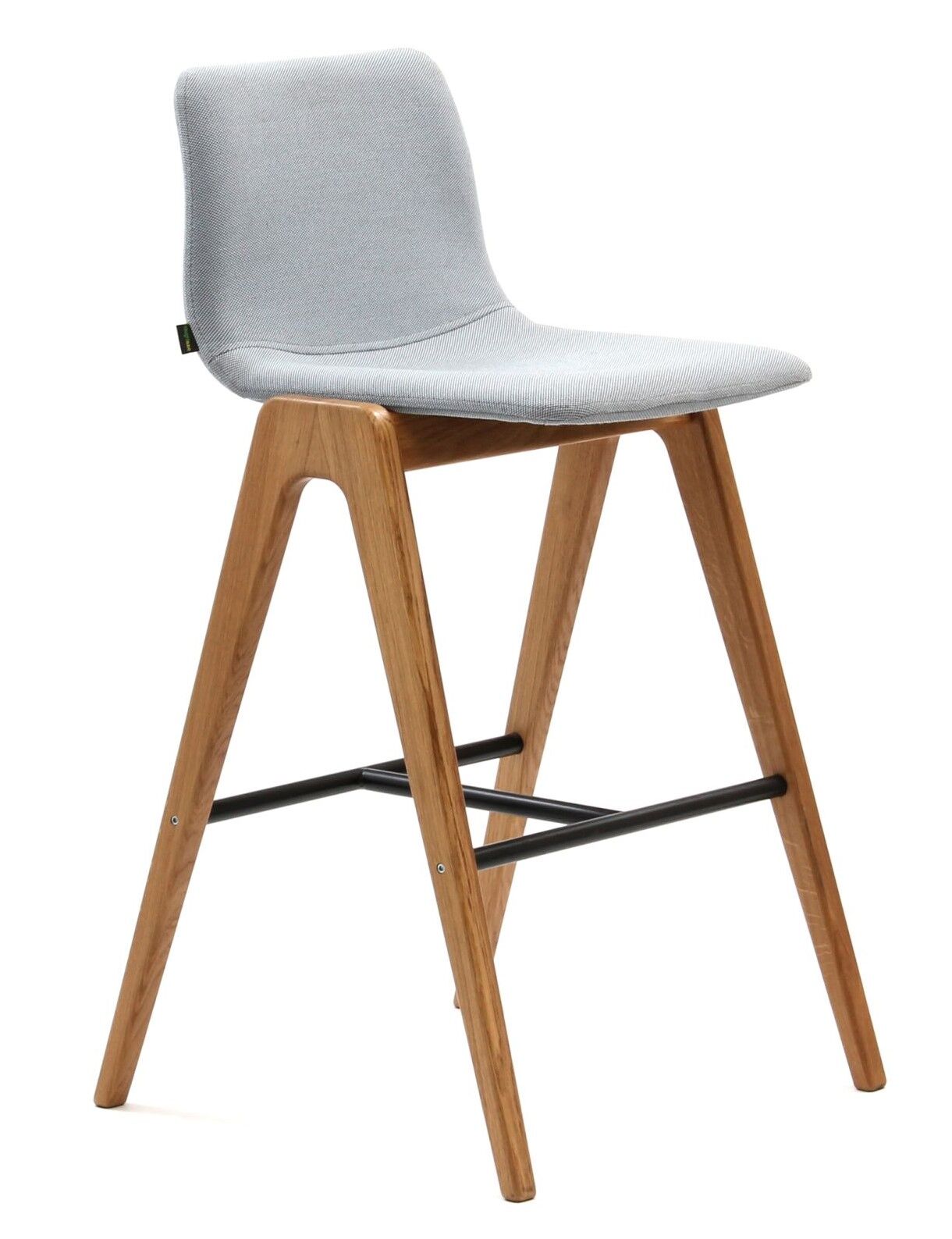 Moderner Barhocker mit grauem Sitz und Holzbeinen, ideal für ergonomisches Sitzen in der Küche oder Bar.
