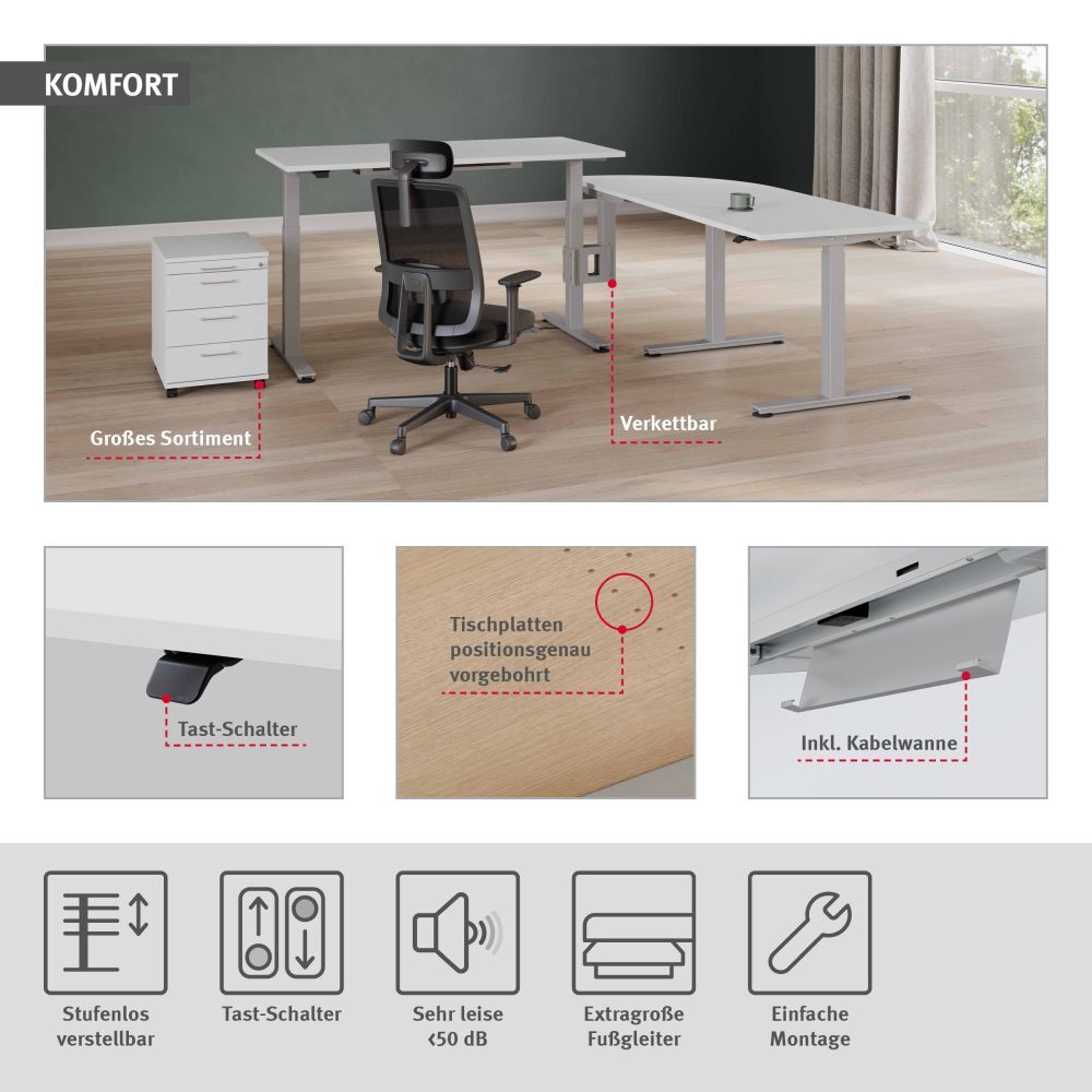 Ergonomischer Bürostuhl und höhenverstellbare Schreibtische mit Tast-Schalter und Kabelwanne in modernem Büro.