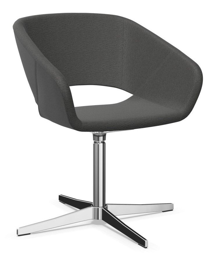 Moderner ergonomischer Bürostuhl mit gepolstertem dunkelgrauem Sitz und verchromtem Drehgestell, ideal für dynamisches Sitzen.