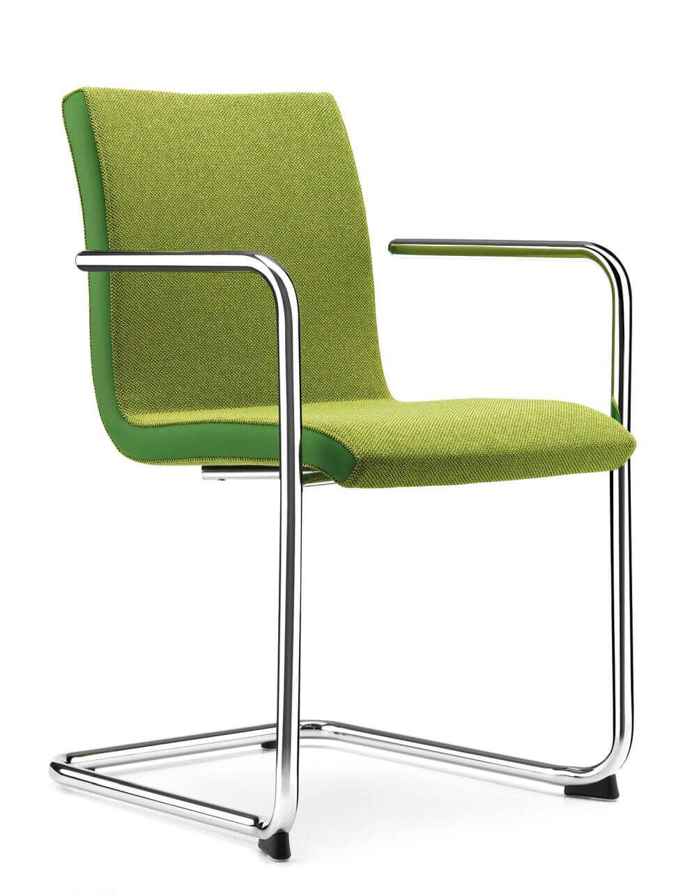 Grüner ergonomischer Besucherstuhl mit verchromtem Freischwingergestell, gepolsterten Armlehnen und modernem Design.