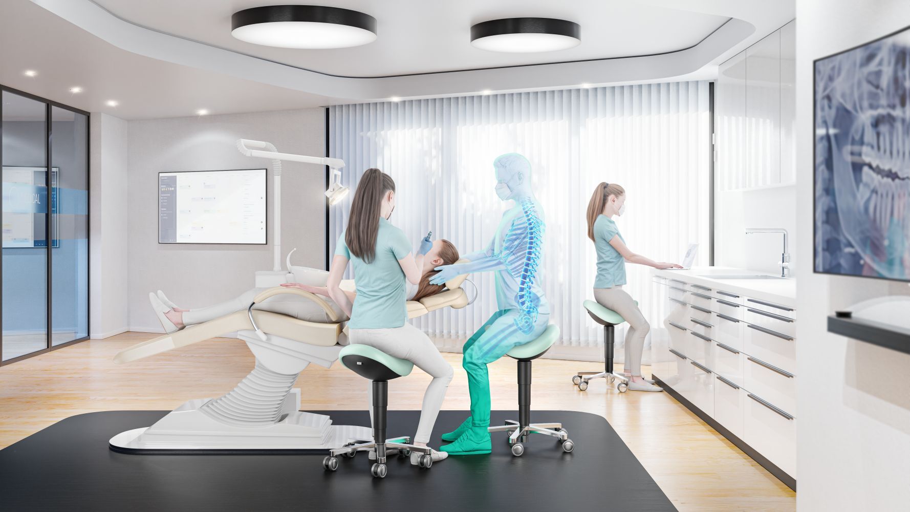 Zahnarzt und Assistentin in moderner Praxis auf ergonomischen Stühlen bei der Arbeit an einem Patienten.