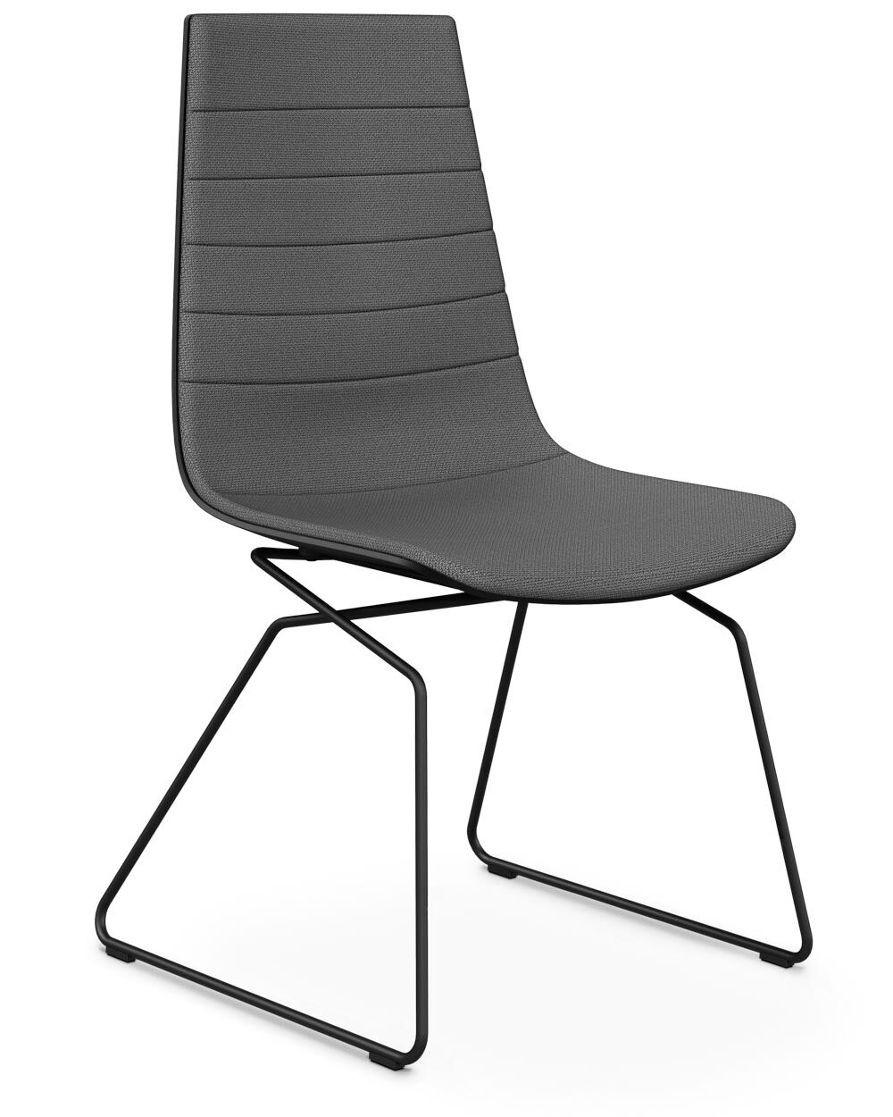 Moderner grauer Stuhl mit Metallgestell und ergonomischer, gepolsterter Sitzfläche für bequemes Sitzen.