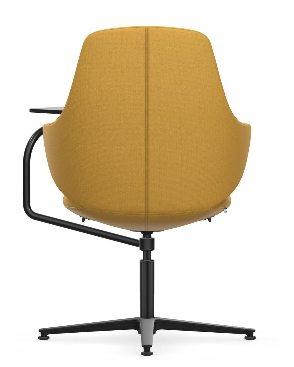 Gelber ergonomischer Bürostuhl von hinten, auf schwarzem Metallgestell, fördert dynamisches Sitzen im Büro.