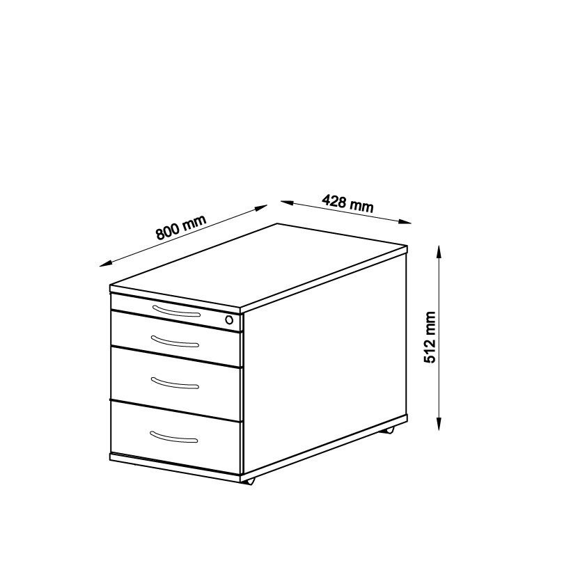 Technische Zeichnung eines Bürocontainer mit drei Schubladen, Maße: 800 x 428 x 512 mm.