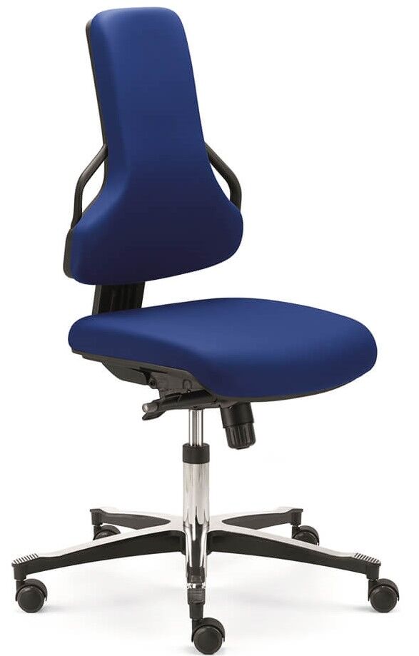 Ergonomischer Bürostuhl mit blauer Polsterung, verstellbarer Rückenlehne und Rollen für dynamisches, bequemes Sitzen.