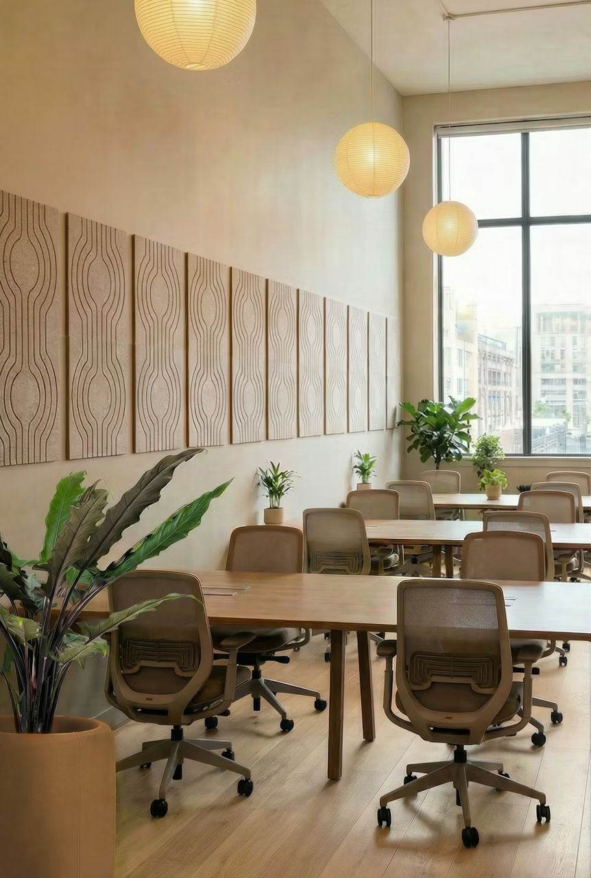 Moderner Büroraum mit ergonomischen Stühlen, Holztischen und Pflanzen für ein gesundes Arbeitsumfeld.
