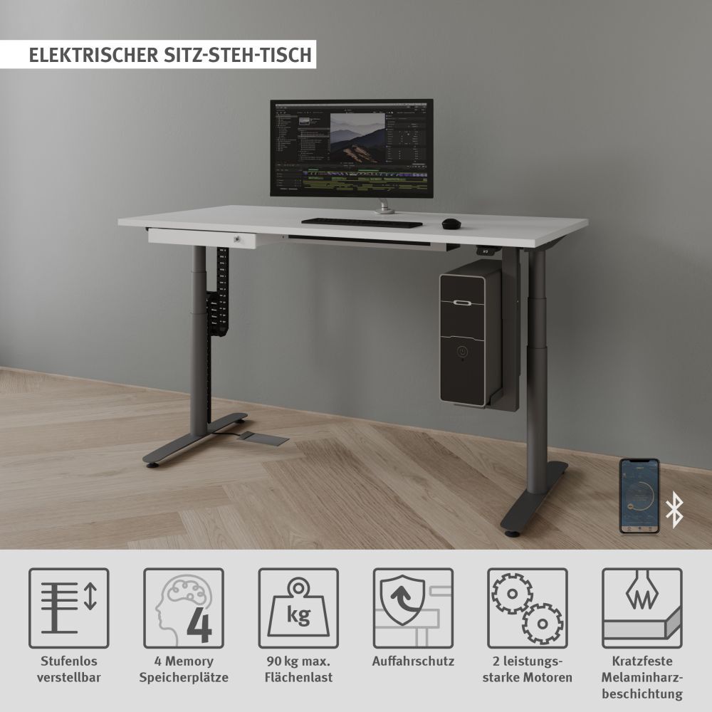 Moderner elektrischer Sitz-Steh-Tisch mit Monitor, anpassbarer Höhe, robustem Design und ergonomischen Funktionen.