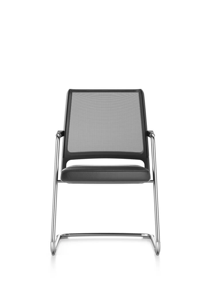 Moderner schwarzer Netzstuhl mit Metallgestell, ideal für ergonomisches und dynamisches Sitzen im Büro.