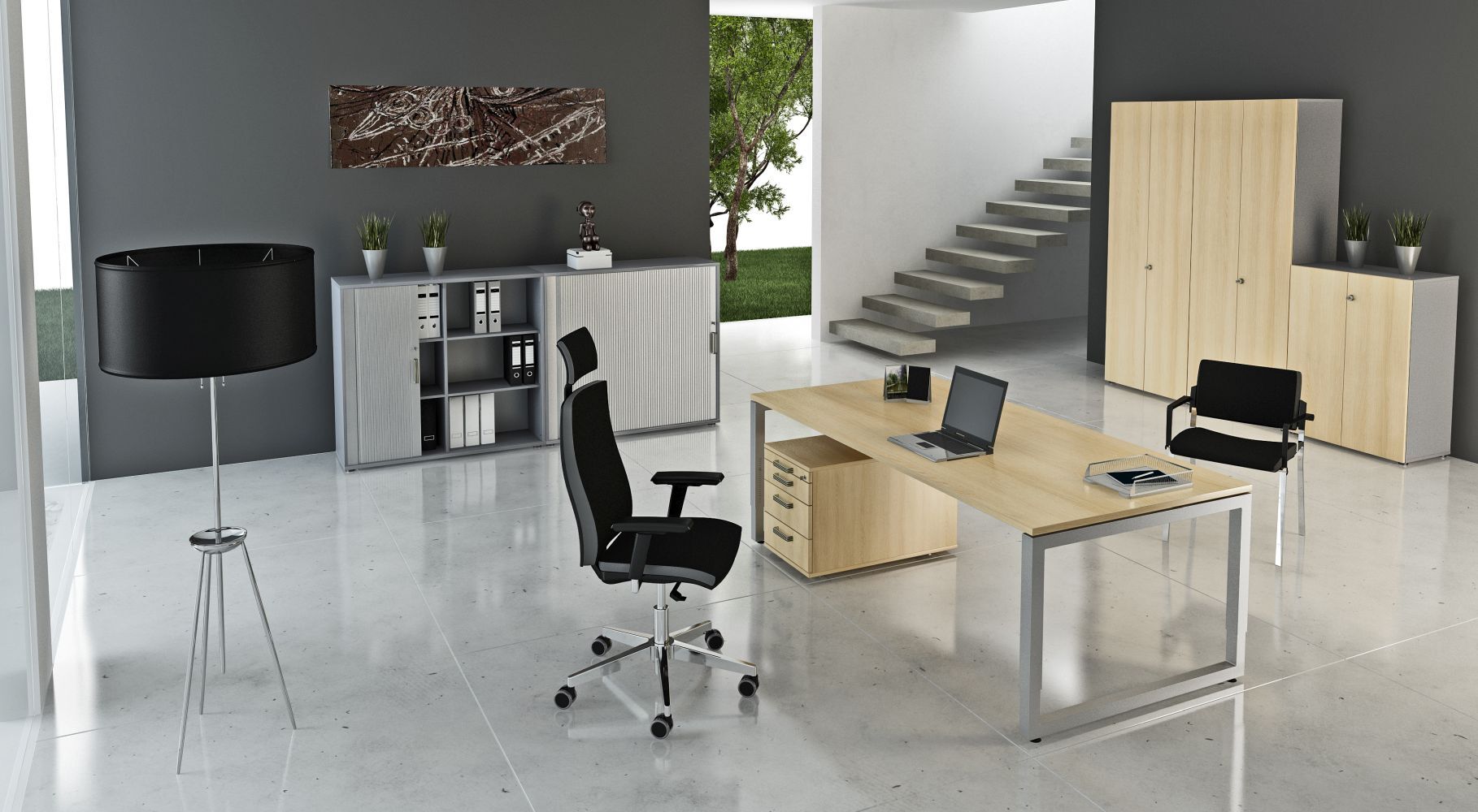 Moderner Büroraum mit ergonomischem Stuhl, Schreibtisch, Lampen und Schränken in einem hellen, minimalistischen Design.