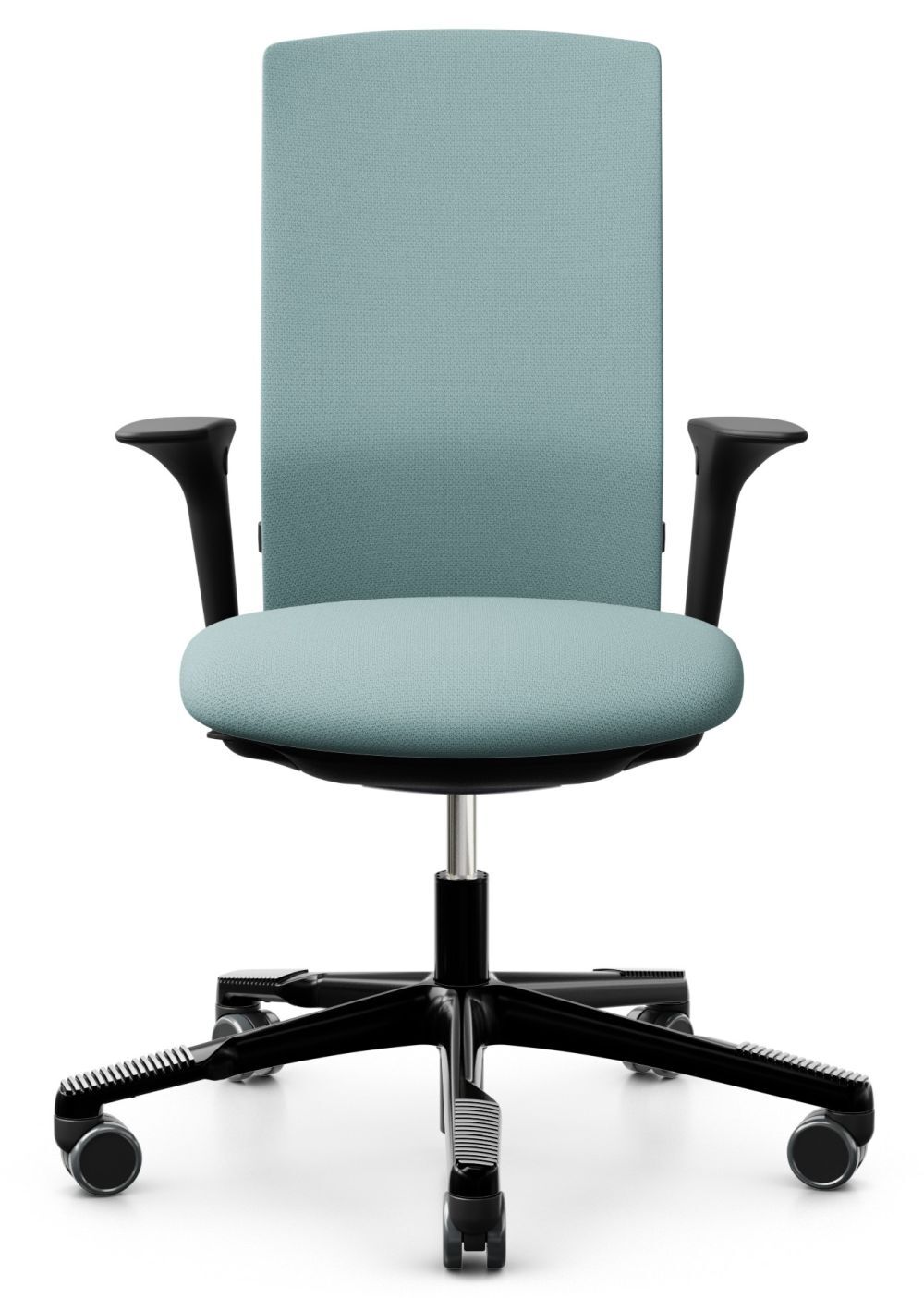 Ergonomischer Bürostuhl mit hellblauem Stoffbezug, schwarzem Gestell und Rollen, ideal für gesundes Arbeiten.