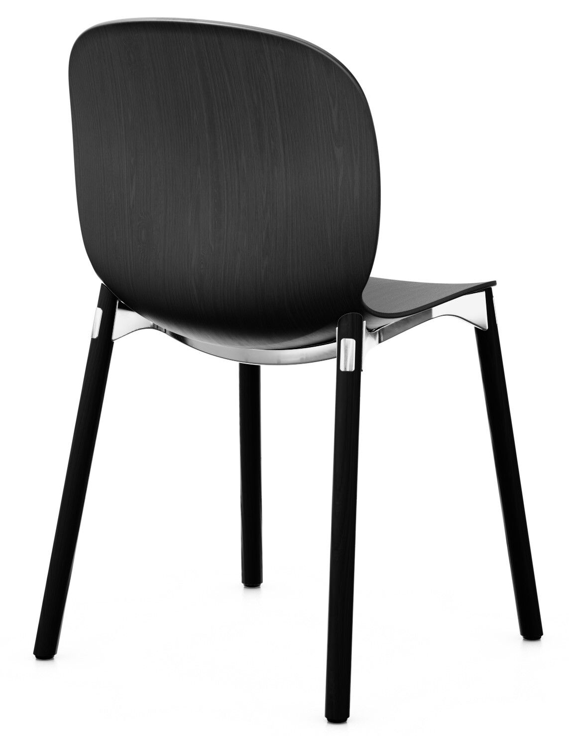 Moderner schwarzer Stuhl mit Holzkorpus und vier Beinen, ideal für ergonomische Bürolösungen.