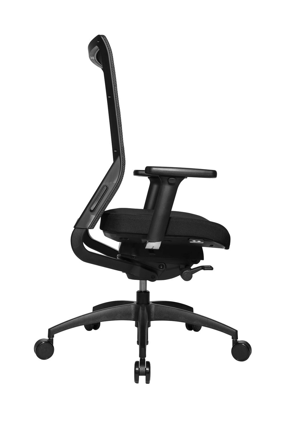 Seitliche Ansicht eines ergonomischen Bürostuhls mit verstellbarer Rückenlehne und Armlehnen auf Rollen.