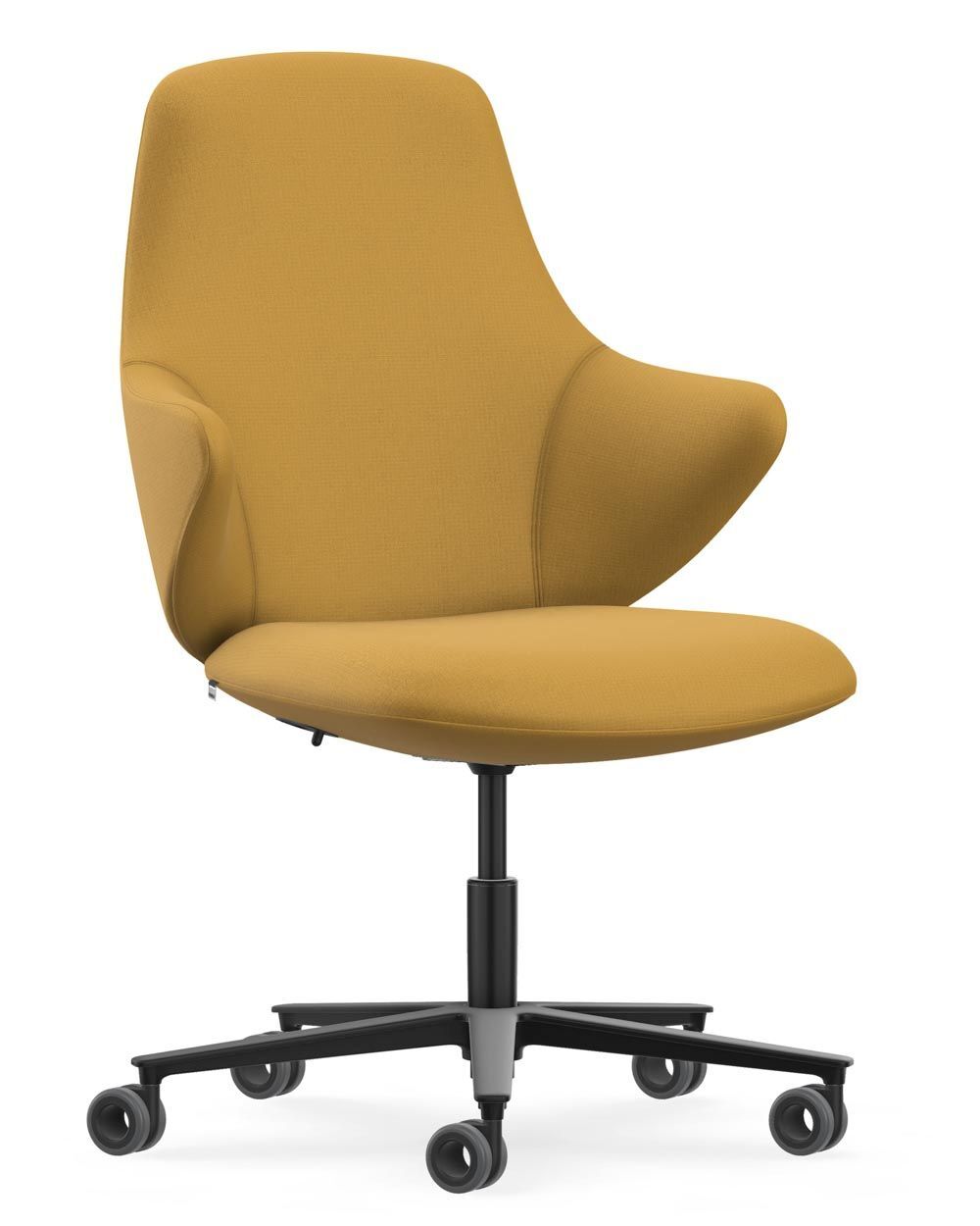 Ergonomischer Bürostuhl in Senfgelb mit dynamischem Design und Rollen für verbessertes, bewegtes Sitzen.