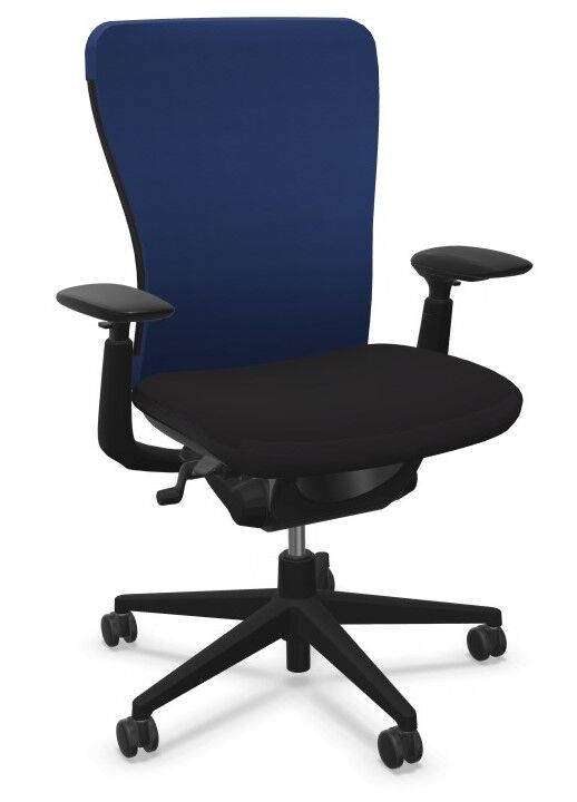 Ergonomischer Bürostuhl mit blauer Rückenlehne, schwarzen Polstern und verstellbaren Armlehnen auf Rollen.
