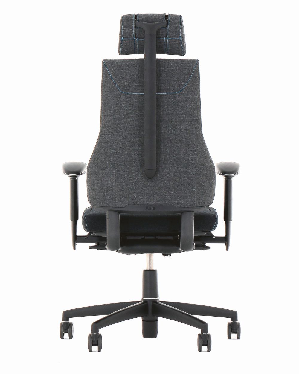 Rückansicht eines ergonomischen Bürostuhls mit Kopfstütze und verstellbaren Armlehnen, ideal für dynamisches Sitzen.