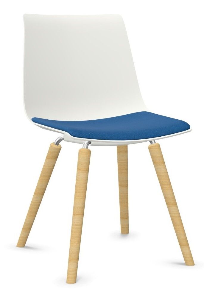 Moderner Stuhl mit weißer Rückenlehne, blauem Sitzpolster und Holzbeinen, ideal für ergonomisches Sitzen.