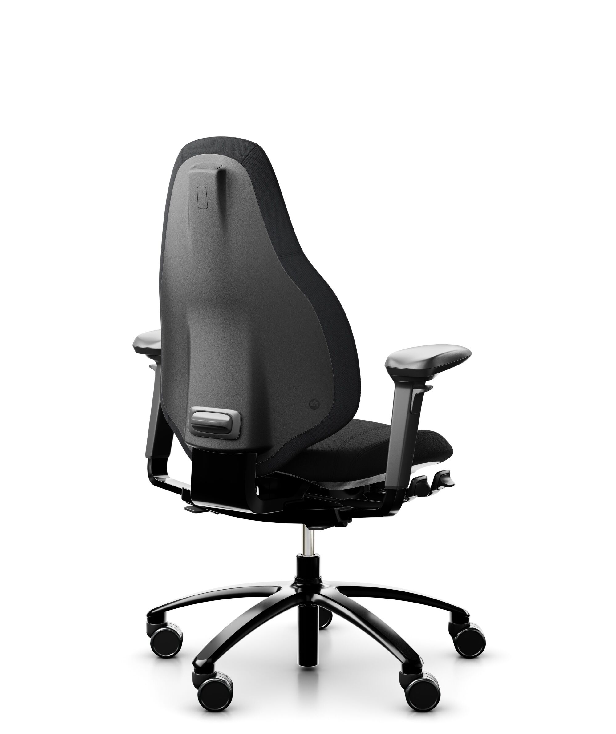Ergonomischer Bürostuhl mit verstellbaren Armlehnen und schwarzem Polster, Rückansicht, zeigt robuste Bauweise.
