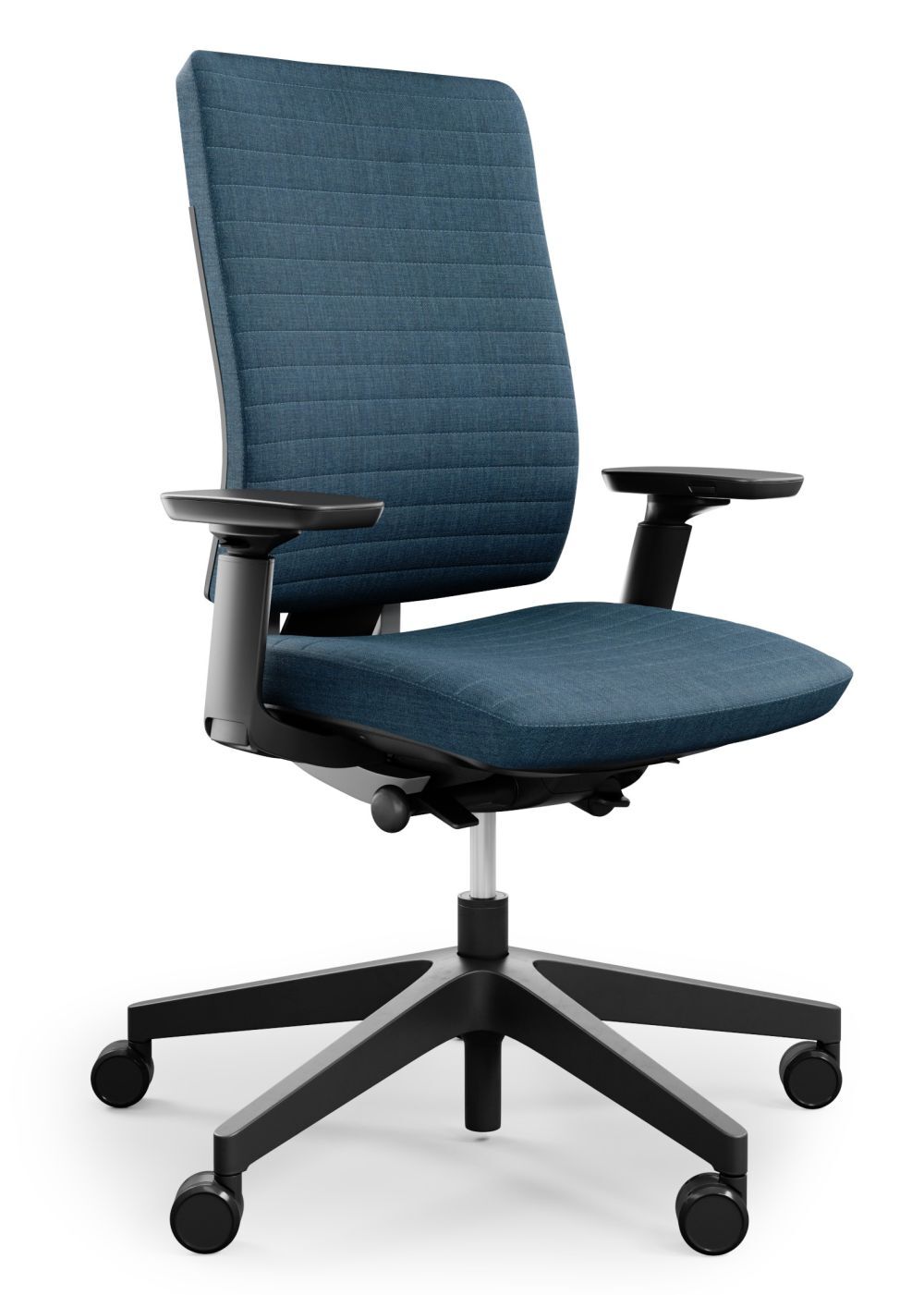 Hochwertiger ergonomischer Bürostuhl mit blauer Polsterung und verstellbaren Armlehnen, ideal für dynamisches Sitzen.