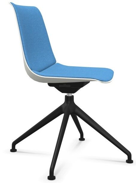 Moderner, ergonomischer Bürostuhl mit blauem Sitzbezug und schwarzem Drehfuß, ideal für dynamisches Sitzen.