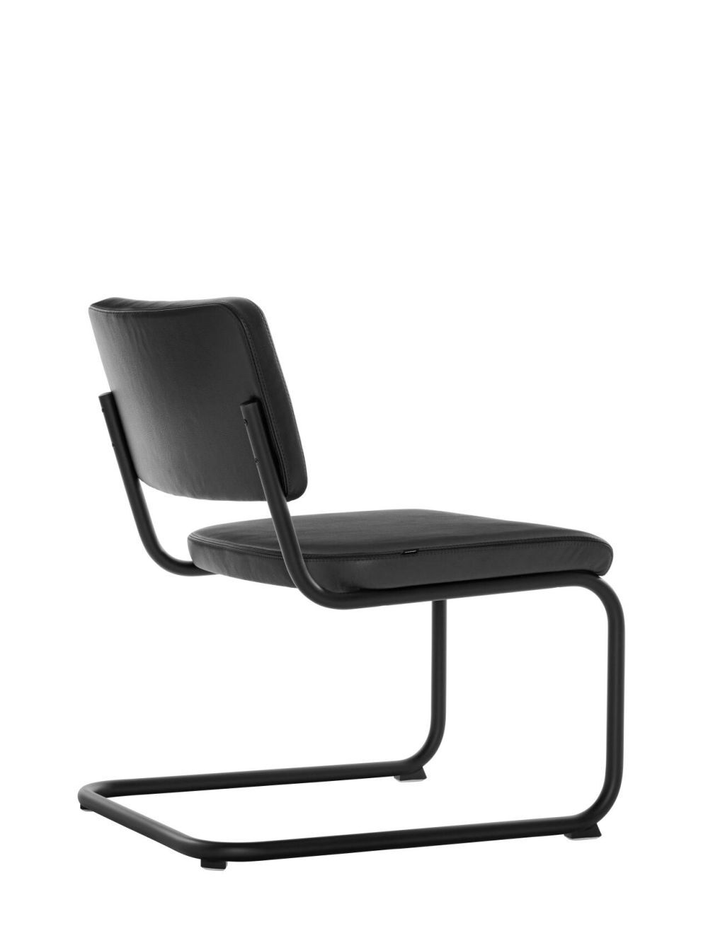 Schwarzer Freischwinger-Stuhl mit gepolstertem Sitz und Rückenlehne, elegantes Design, ideal für ergonomisches Sitzen.