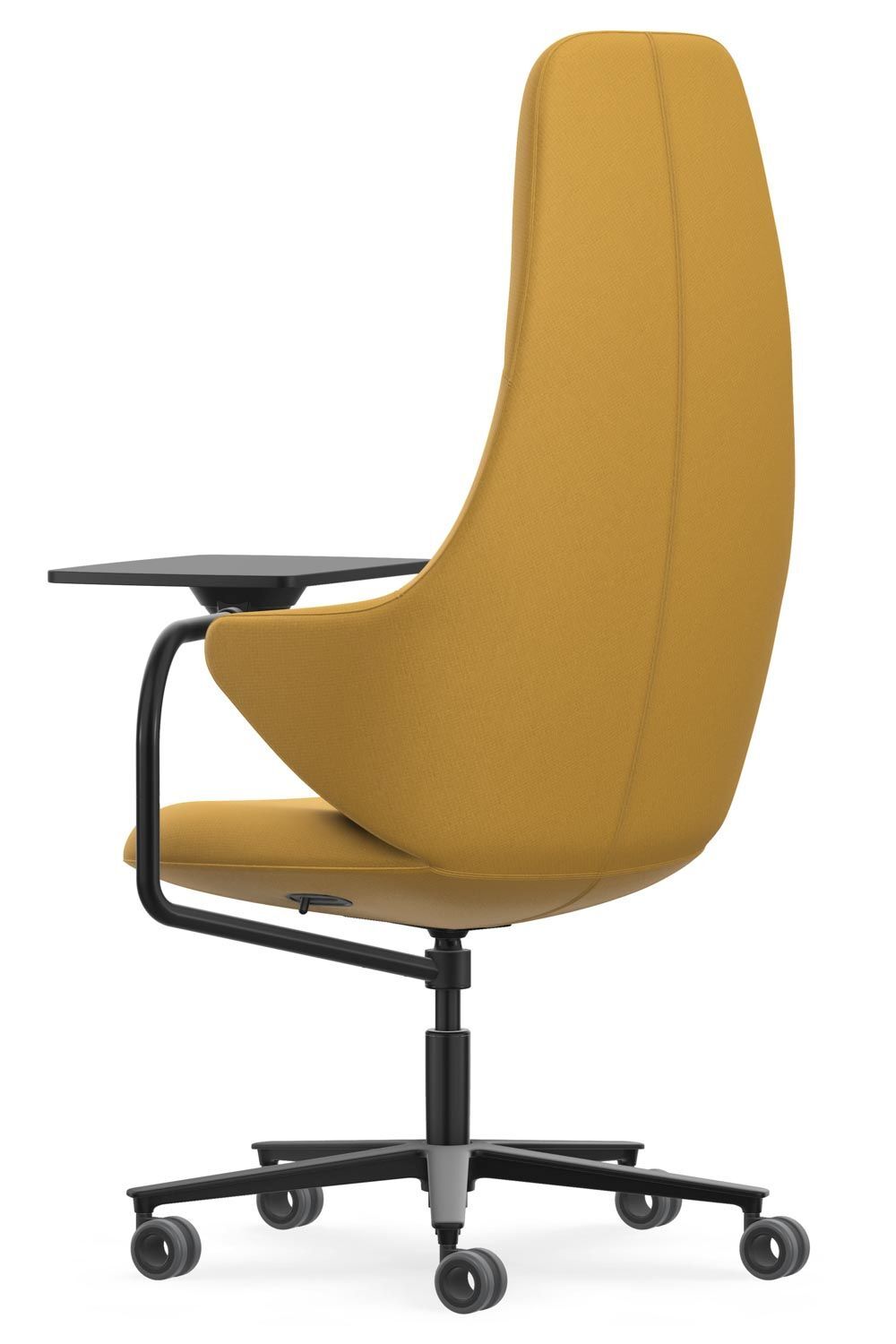 Moderner ergonomischer Bürostuhl in Senfgelb mit hoher Rückenlehne und Rollen für dynamisches Sitzen.