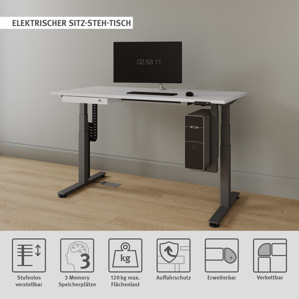 Elektrisch höhenverstellbarer Schreibtisch mit Bildschirm, Tastatur und PC. Eigenschaften: 3 Speicherplätze, 120 kg Tragkraft.