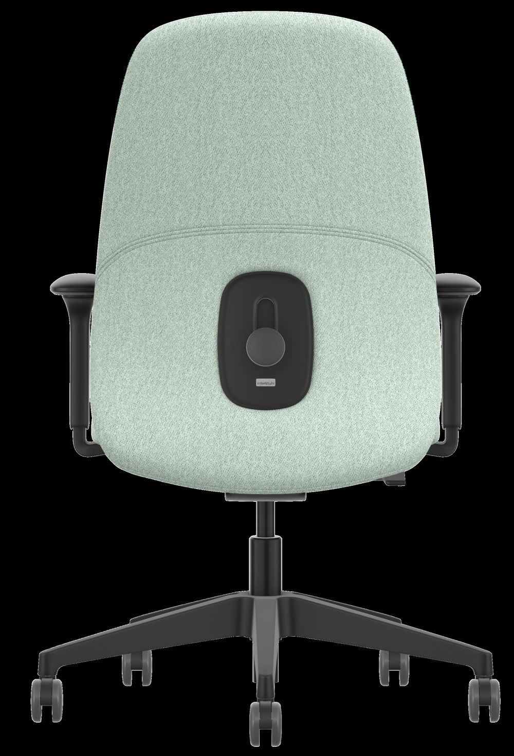 Hochwertiger ergonomischer Bürostuhl in hellem Stoff mit verstellbaren Armlehnen und schwarzen Rollen.